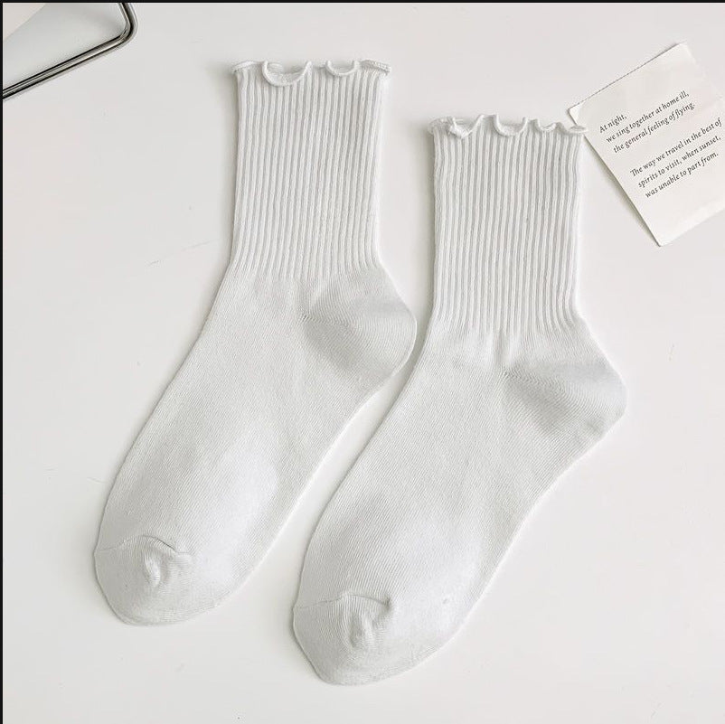 1 pair of ruffled JK socks for women mid-tube spring, autumn and summer solid color Japanese lace pile socks