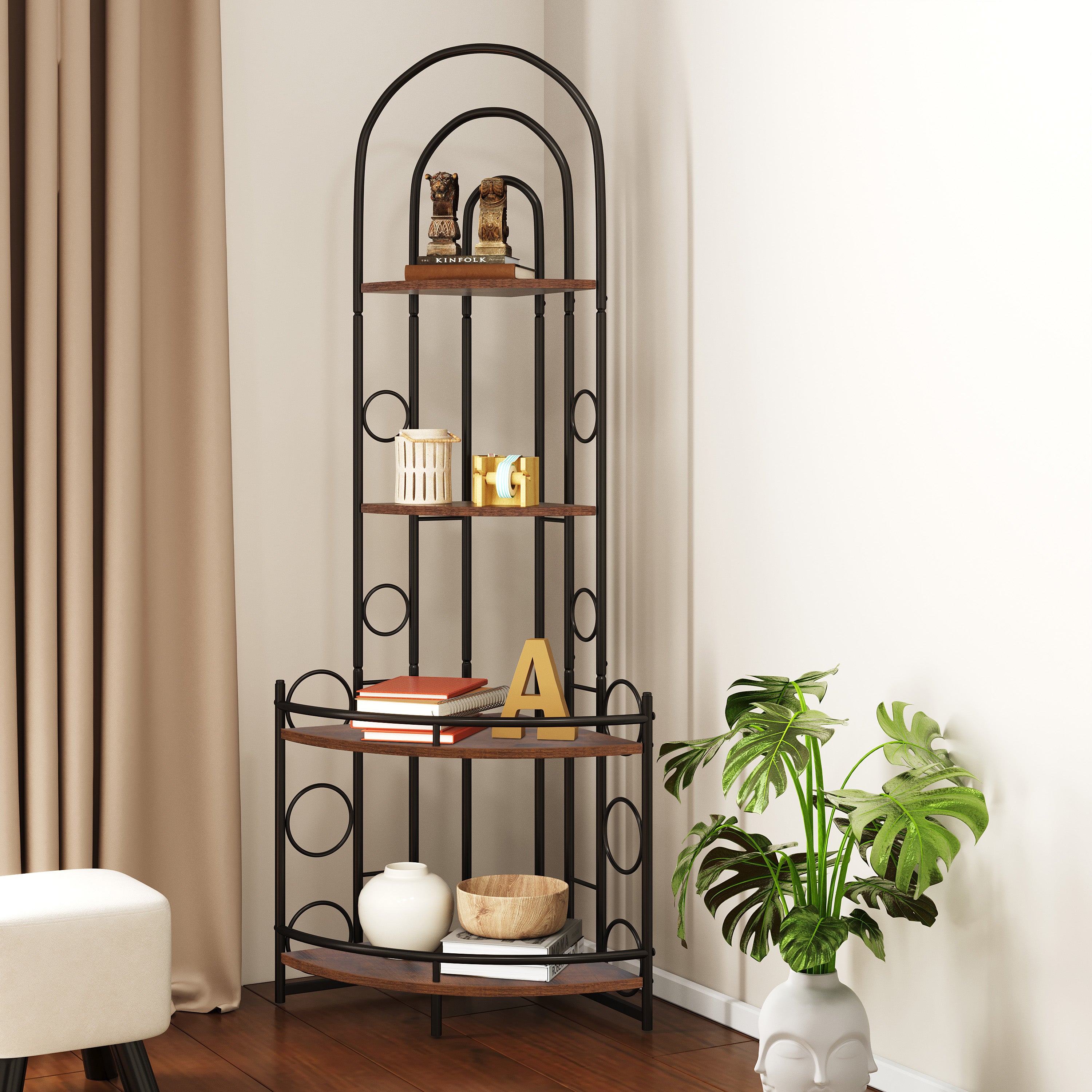 4-Tier Metal & Wood Corner Shelf — Modern Storage & Display Stand