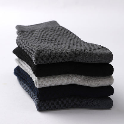Bamboo fiber cotton socks mid tube men's socks double needle dark flower square grid socks