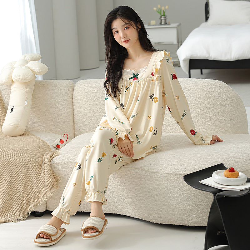 Lace Trim Long-Sleeve Loungewear Set